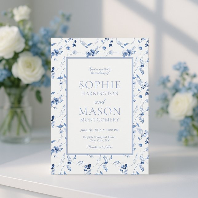 Convite de Casamento Floral em Arte Fina Azul Desb (Criador carregado)