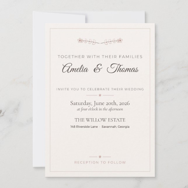 Convite de Casamento Floral em Arte Linear Boho Te (Frente)