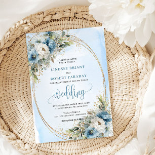 Convite de casamento floral em azul poeirento aqua