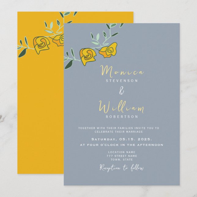 Convite de Casamento Floral em Azul Poeirento e Am (Frente/Verso)