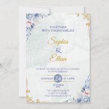 Convite de Casamento Floral em Azul Poeirento Eleg