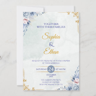 Convite de Casamento Floral em Azul Poeirento Eleg