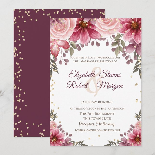 Convite de Casamento Floral em Burgundy com Diaman (Frente/Verso)