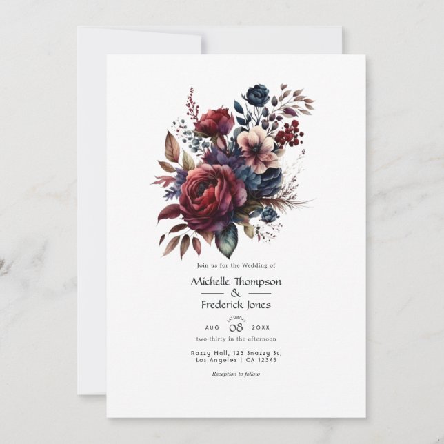 Convite de casamento floral em Burgundy e Azul Mar (Frente)