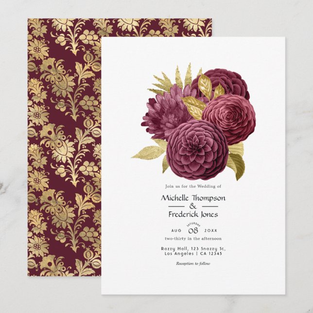 Convite de Casamento Floral em Burgundy e Dourado  (Frente/Verso)