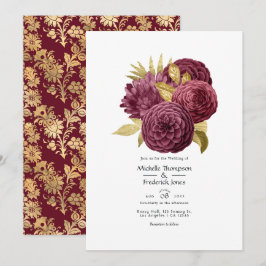 Convite de Casamento Floral em Burgundy e Dourado