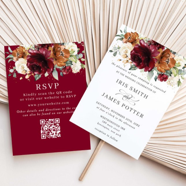 Convite de Casamento Floral em Burgundy, Laranja Q (Criador carregado)