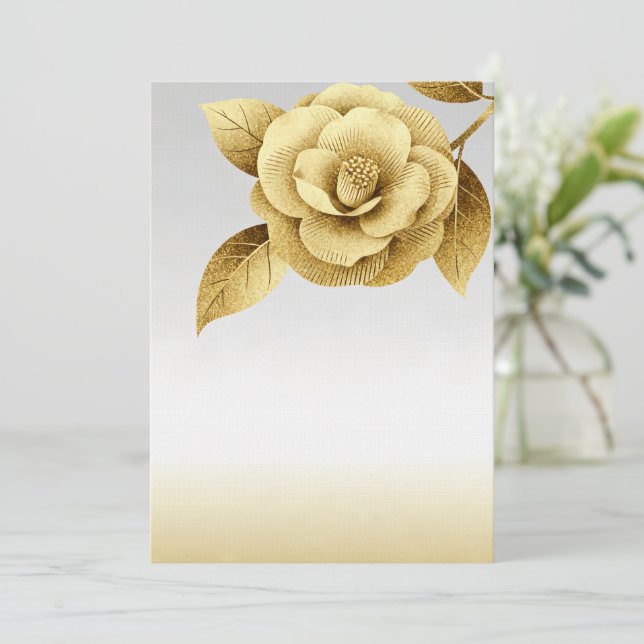 Convite de Casamento Floral em Dourado Elegante (Em pé/Frente)