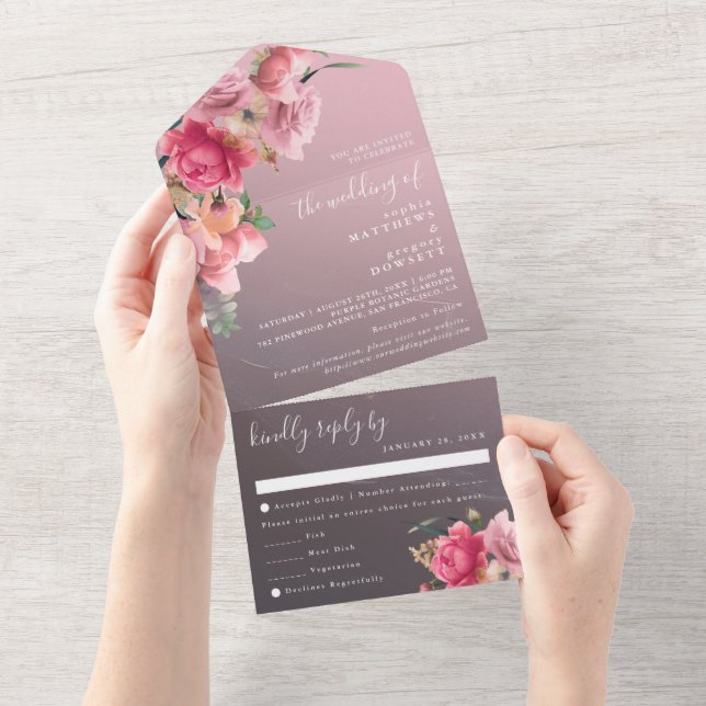 Convite de Casamento Floral em Dourado Rosa Elegan (Aba destacável)