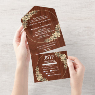 Convite de Casamento Floral em Dourado Rústico Tud