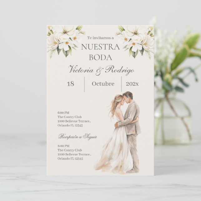 Convite de casamento floral em espanhol (Em pé/Frente)