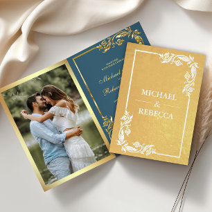 Convite de Casamento Floral em Folha de Ouro Azul