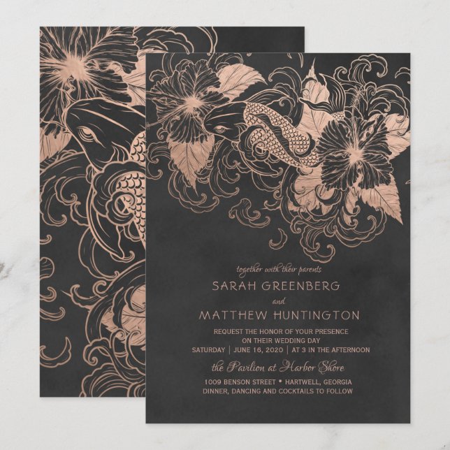 Convite de Casamento Floral em Folha de Ouro Rosa  (Frente/Verso)