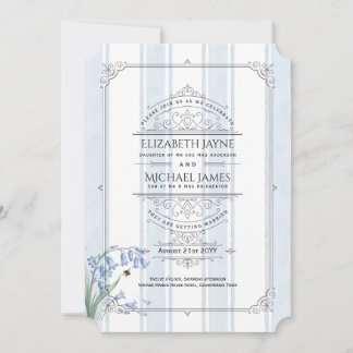 Convite de Casamento Floral em Listras Azul sinos 