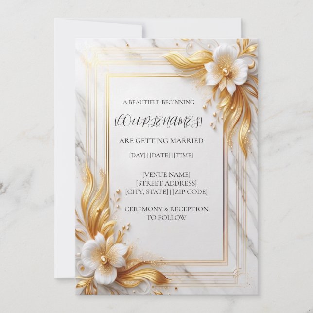 Convite de Casamento Floral em Ouro Branco (Frente)