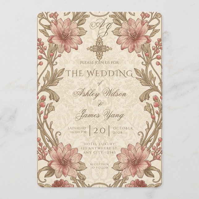 Convite de Casamento Floral em Ouro Rosa Botânico (Frente)
