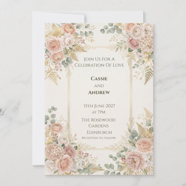 Convite de Casamento Floral em Pastel Pêssego (Frente)