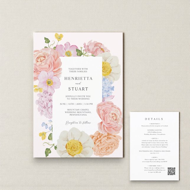 Convite de casamento floral em pêssego elegante tu (Criador carregado)