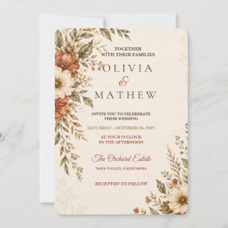 Convite de Casamento Floral em Terracota Rústica |