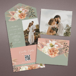 Convite de Casamento Floral em Verde Sage e Pêsseg