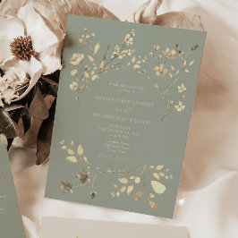Convite de Casamento Floral em Verde Salvia e Dour
