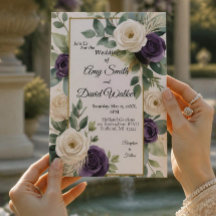 Convite de casamento floral em verde sálvia e roxo