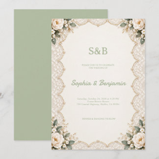Convite de Casamento Floral em Verde Salvia Elegan