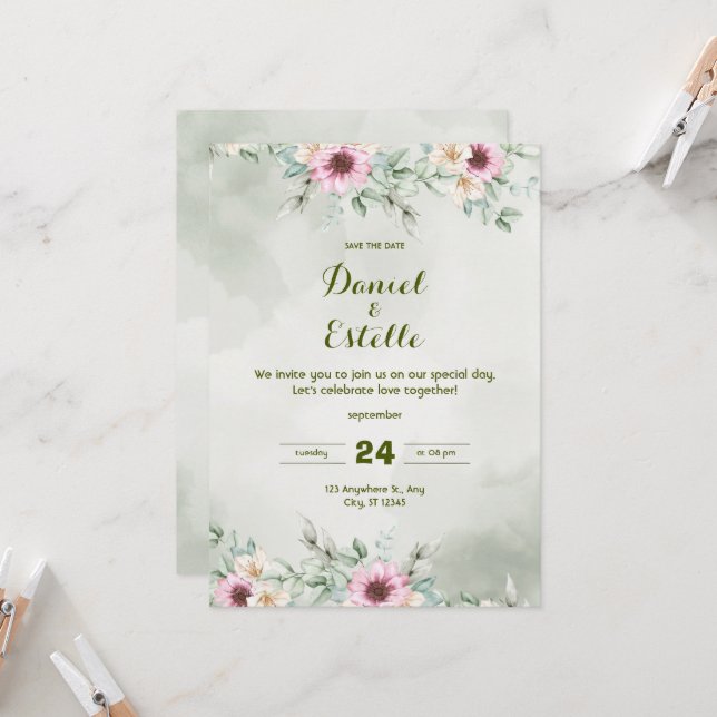 Convite de Casamento Floral em Verde Sálvia Elegan (Frente/Verso In Situ)