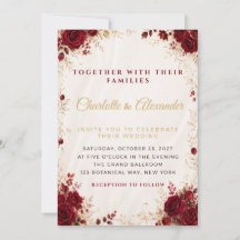 Convite de Casamento Floral em Vermelho Borgonha e