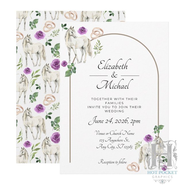 Convite de Casamento Floral Equestre Rústico Roxo (Criador carregado)