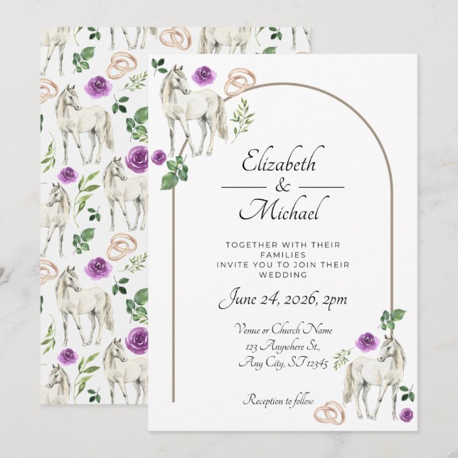Convite de Casamento Floral Equestre Rústico Roxo (Frente/Verso)