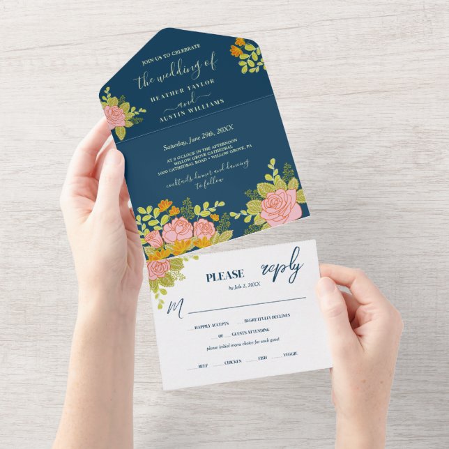 Convite de Casamento Floral Escuro Azul Marinho Bo (Aba destacável)