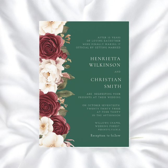 Convite de Casamento Floral esmeralda Borgonha (Criador carregado)