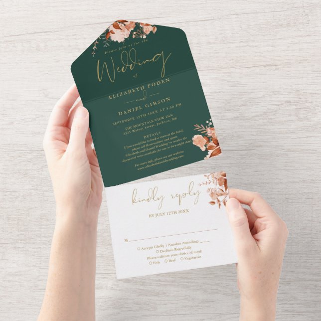 Convite de Casamento Floral Esmeralda e Dourado pa (Aba destacável)