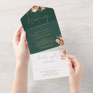 Convite de Casamento Floral Esmeralda e Dourado pa