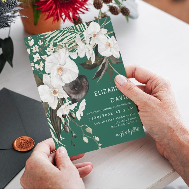 Convite de Casamento Floral Esmeralda Elegante Orq (Criador carregado)
