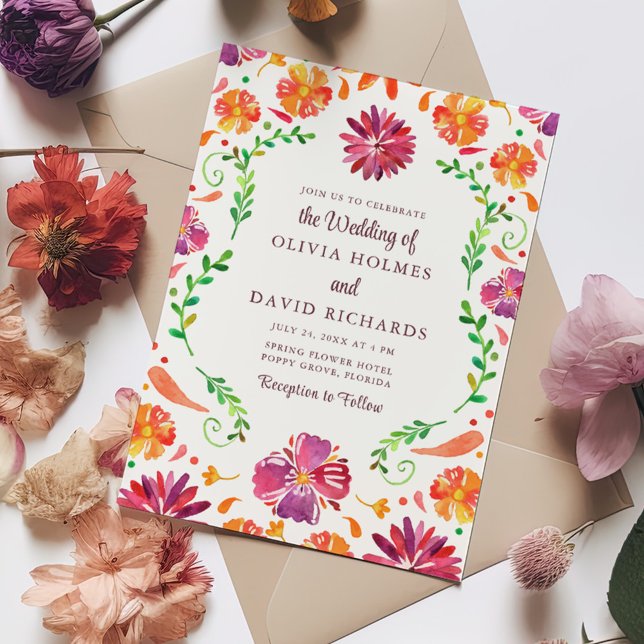 Convite De Casamento Floral Fiesta Mexicano Colori (Colorful Mexican Floral Fiesta Wedding Invitation on a table full with colorful flowers.)