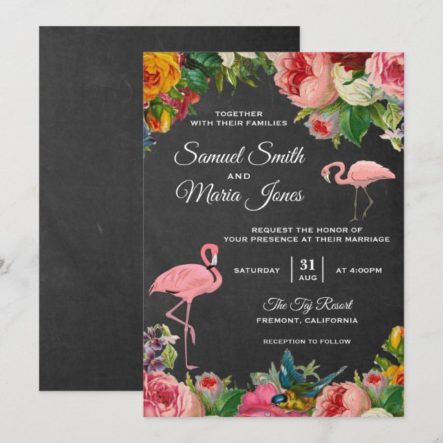 Convite de Casamento Floral Flamingo Quadro Negro (Frente/Verso)