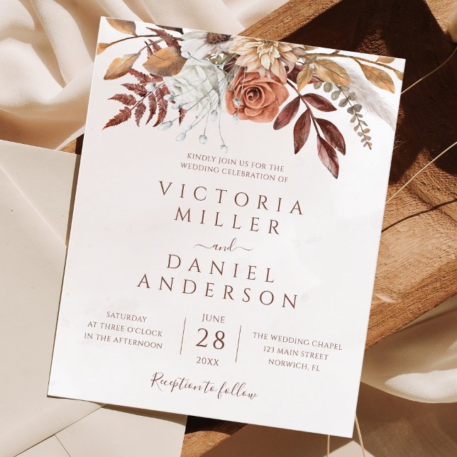 Convite de Casamento Floral Folhagem Boho Outono E (Criador carregado)
