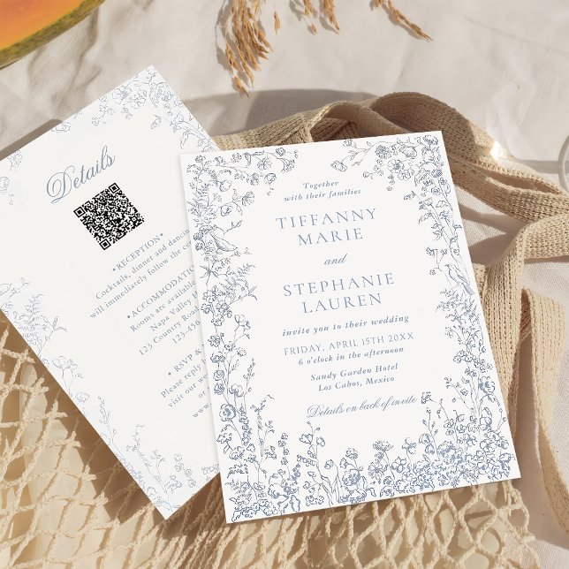 Convite de Casamento Floral Francês Azul Elegante (Criador carregado)