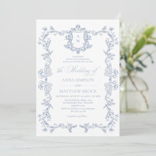 Convite de Casamento Floral Francês Azul Empoeirad (Em pé/Frente)