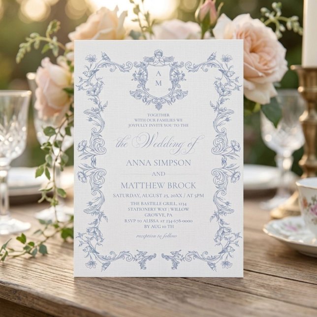 Convite de Casamento Floral Francês Azul Empoeirad (Criador carregado)