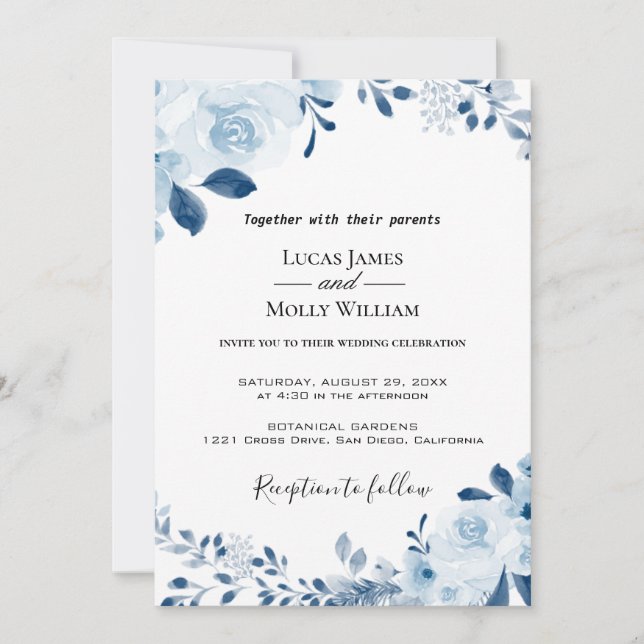 Convite de Casamento Floral Francês Azul Moderno (Frente)