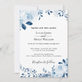 Convite de Casamento Floral Francês Azul Moderno