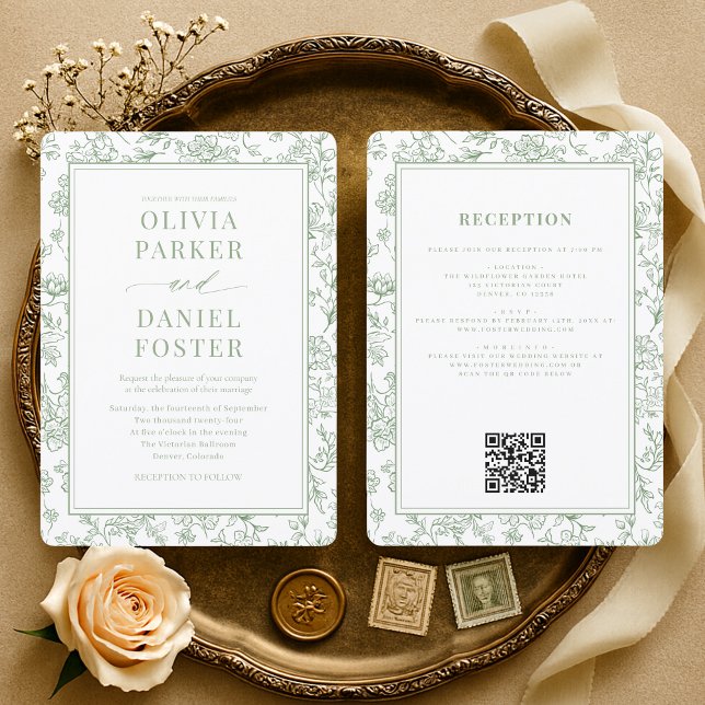 Convite de Casamento Floral Francês Verde Sage com (Criador carregado)
