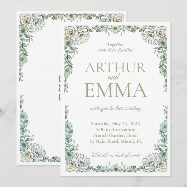 Convite de Casamento Floral Francês Verde Salva Tu (Frente/Verso)
