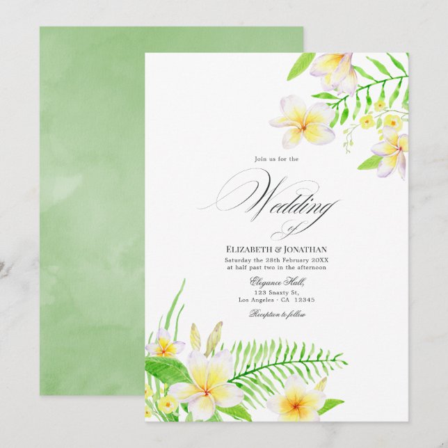 Convite de casamento floral frangipani aquarela ex (Frente/Verso)