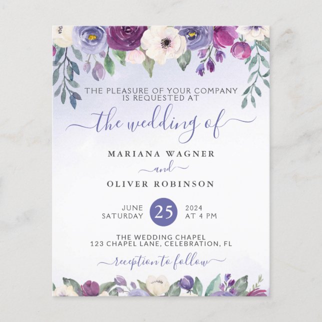 Convite de Casamento Floral Fuchsia Periwinkle Eco (Frente)