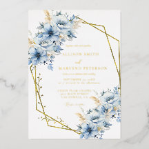 Convite de Casamento Floral Geométrico Azul Elegan