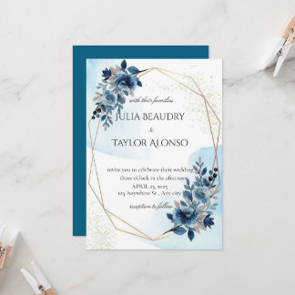 Convite de Casamento Floral Geométrico Azul Marinh